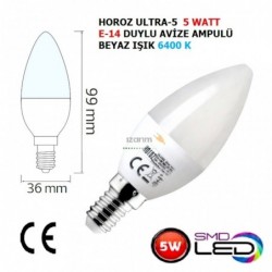 Horoz 5 Watt Mum Led Ampul (E-14 İnce Duy Beyaz Renk Çeşidi (350 Lümen)-(1 Yıl Garanti)-(10 Adet Satışımız)