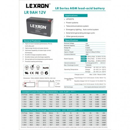 Lexron 12 Volt 9 Amper Bakımsız Kuru Tip Ups Akü (1 Yıl Garanti)